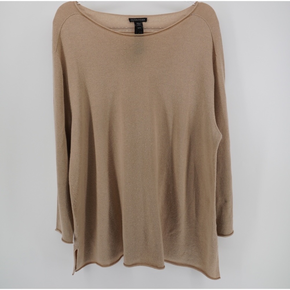 Eileen Fisher 100% Cashmere Boat Neck Sweater Camel Tan XL Minimalist Luxury